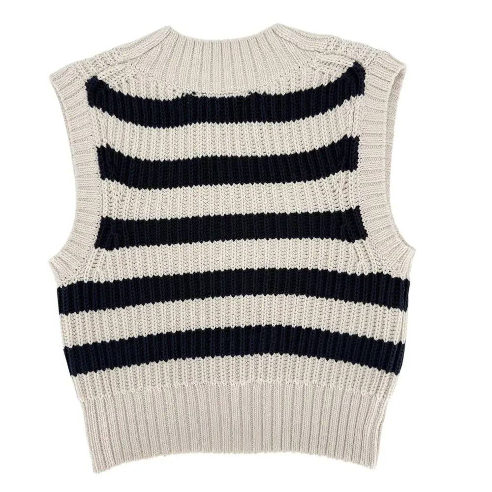 Banana Republic Cotton Cropped Sweater Vest Navy Blue Cream Stripe Size Medium - Picture 5 of 8